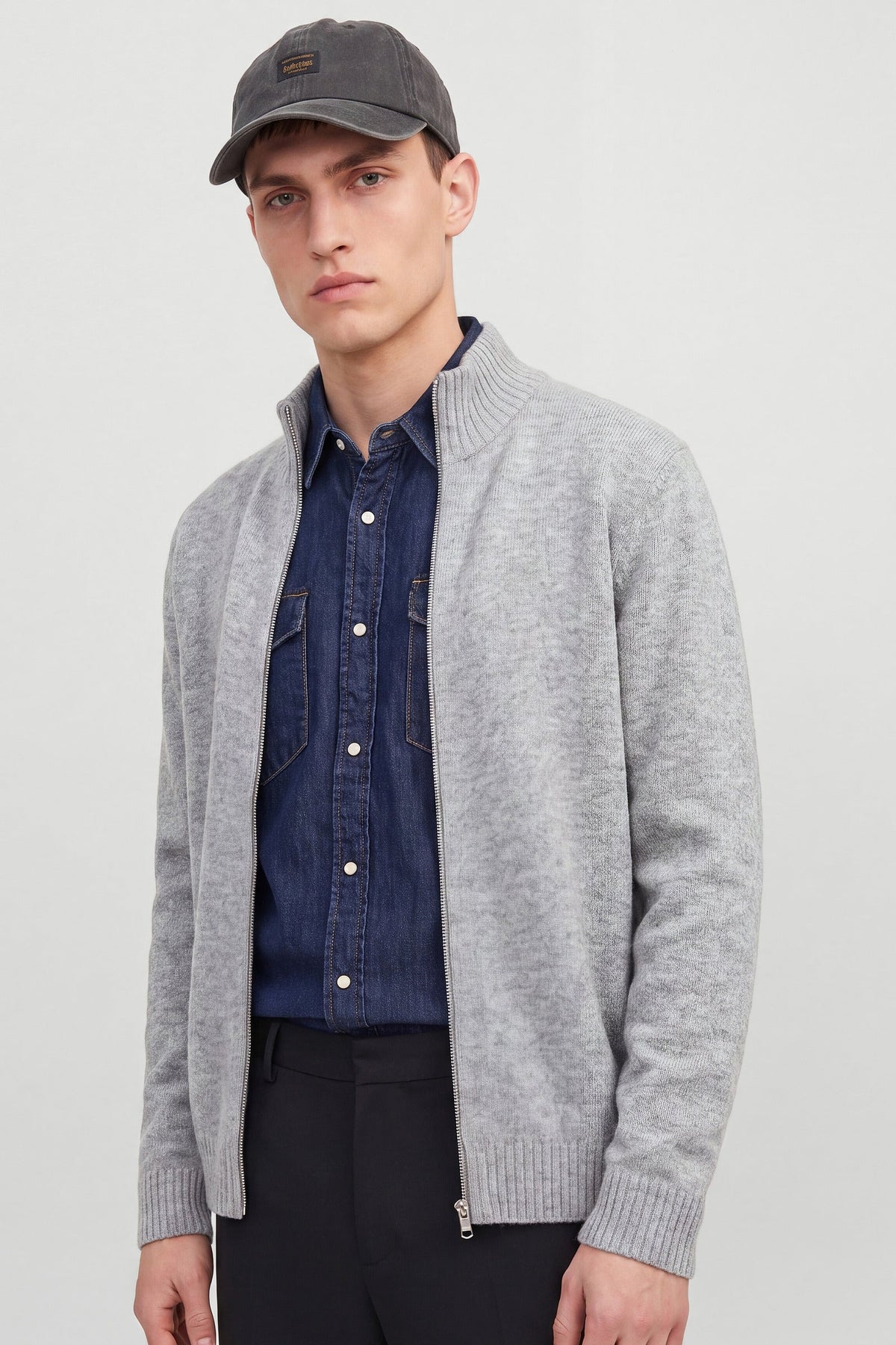 Jack & Jones Soho Ollie Knit High Neck Zip Car Light Grey Melange