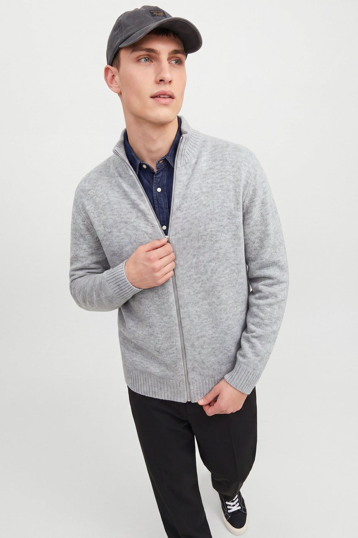 Jack & Jones Soho Ollie Knit High Neck Zip Car Light Grey Melange