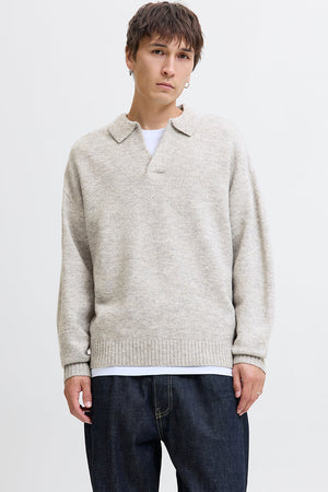 Jack & Jones Soho Ollie Knit Split Neck Light Grey Melange