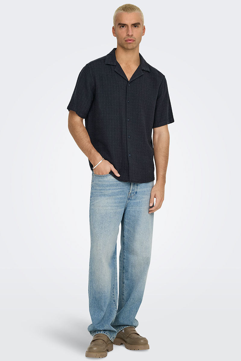 ONLY & SONS Latham Resort Linen Structure Hemd Dark Navy