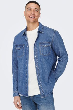 ONLY & SONS  Bane Regular Fit Denim Hemd Medium Blue Denim