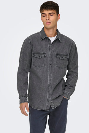 ONLY & SONS Bane Regular Fit Denim Hemd Light Grey Denim