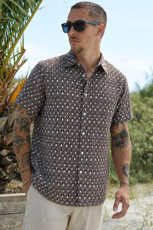 Selected Regular Claus Clay Linenblend SS Shirt Noos Bracken Geo Diamond