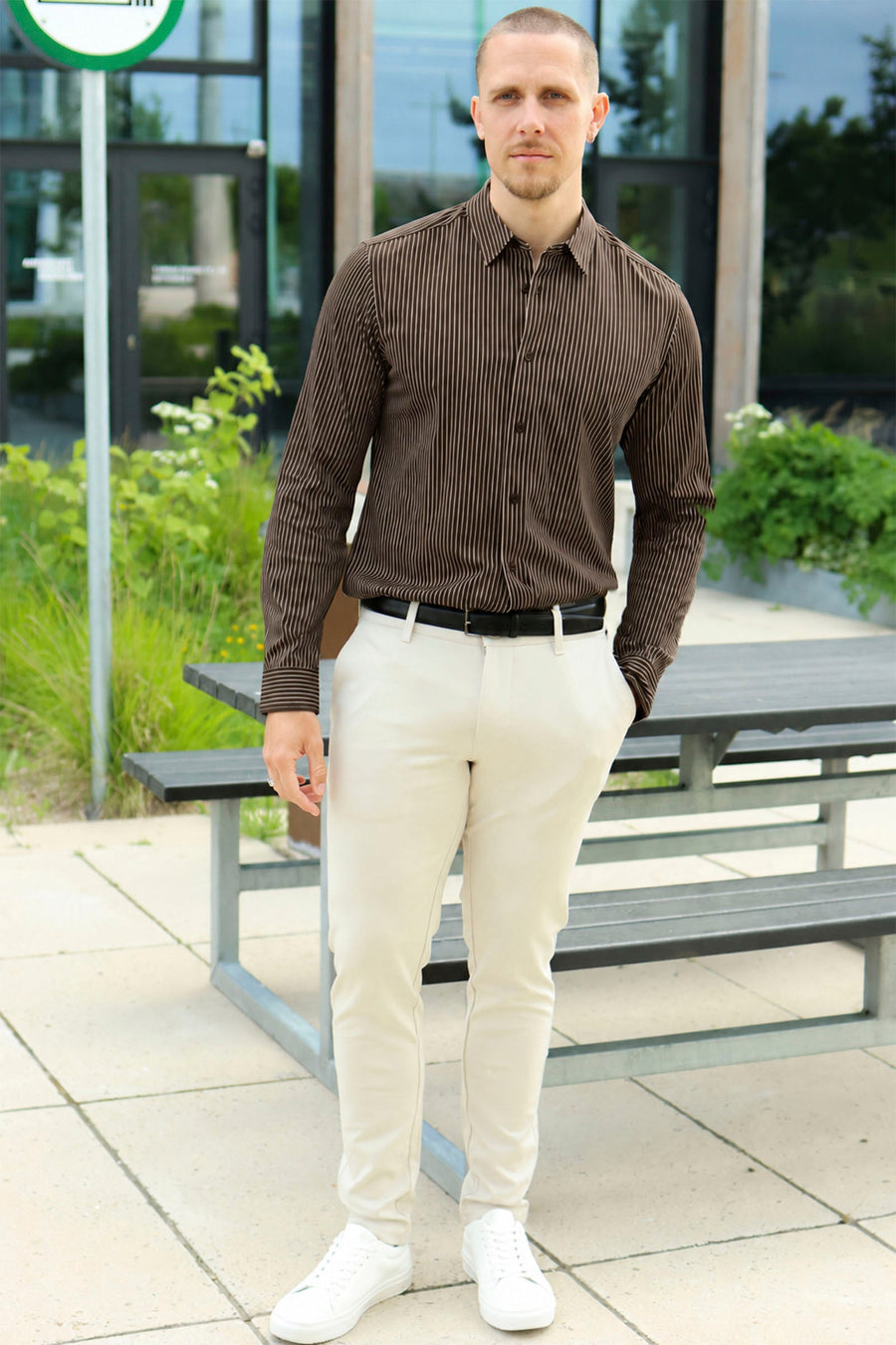 Only & Sons Miles Stripe Stretch Shirt Coffee Bean