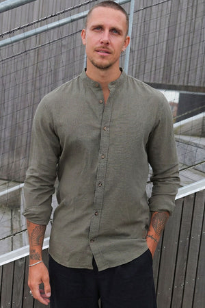 Jack & Jones Summer Hemd Linen Blend Band LS Dusty Olive