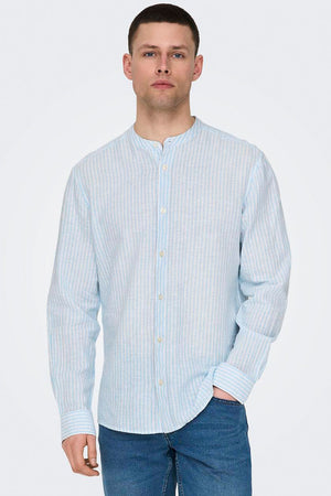 ONLY & SONS Caiden LS Mao Stripe Linen Hemd Cashmere Blue