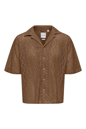 ONLY & SONS Novak Relax Resort SS Lace Hemd Sepia