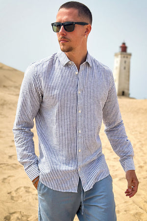 ONLY & SONS Caiden LS Stripe Linen Hemd Dark Navy