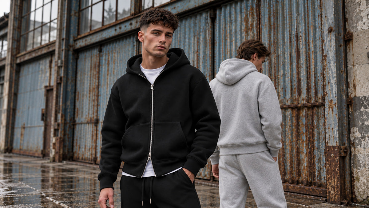 Zwei Männer in Jack & Jones Legacy Scuba Hoodie und Jogginghose in Schwarz und Hellgrau
