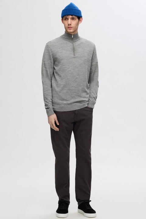 Selected Tray LS Merino Knit Half Zip Medium Grey Melange