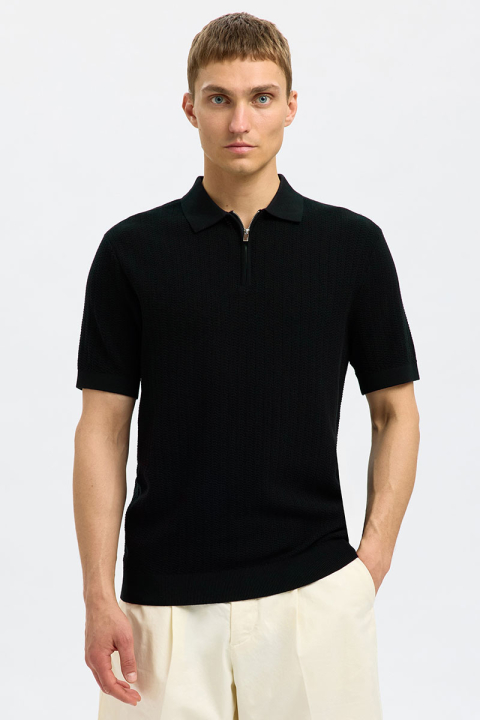 Selected Cran SS Structure Half Zip Knit Polo Black